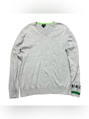 2010’s Diesel Sweater Ribbed Cuff Hem Logo In Heather Gray Neon Green Stripe L